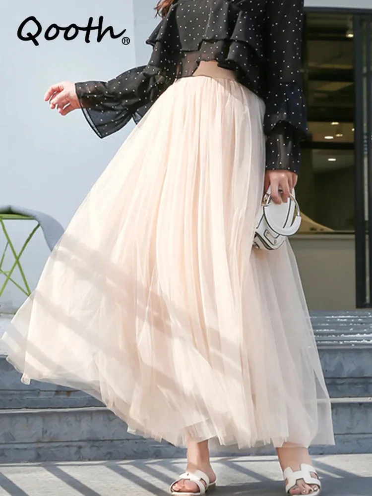 3 Layers Mesh Long Tulle Skirt Elastic Waist Elegant High Waist Ball Gown Gauze Tutu Skirt For Spring Autumn QT2001