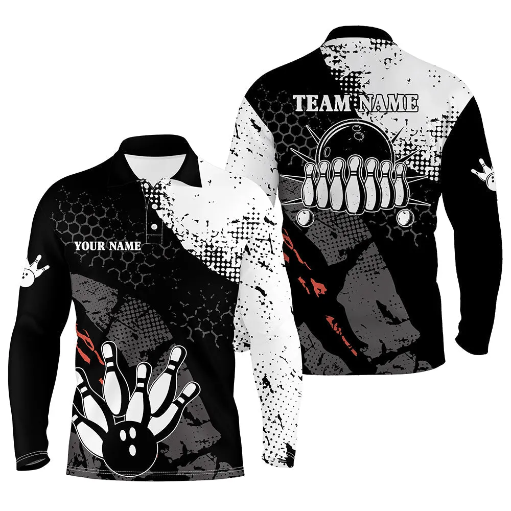 Black And White Mens Long Sleeve Polo Bowling Shirts Custom Retro Bowling Ball Pins Bowling Team League Jerseys