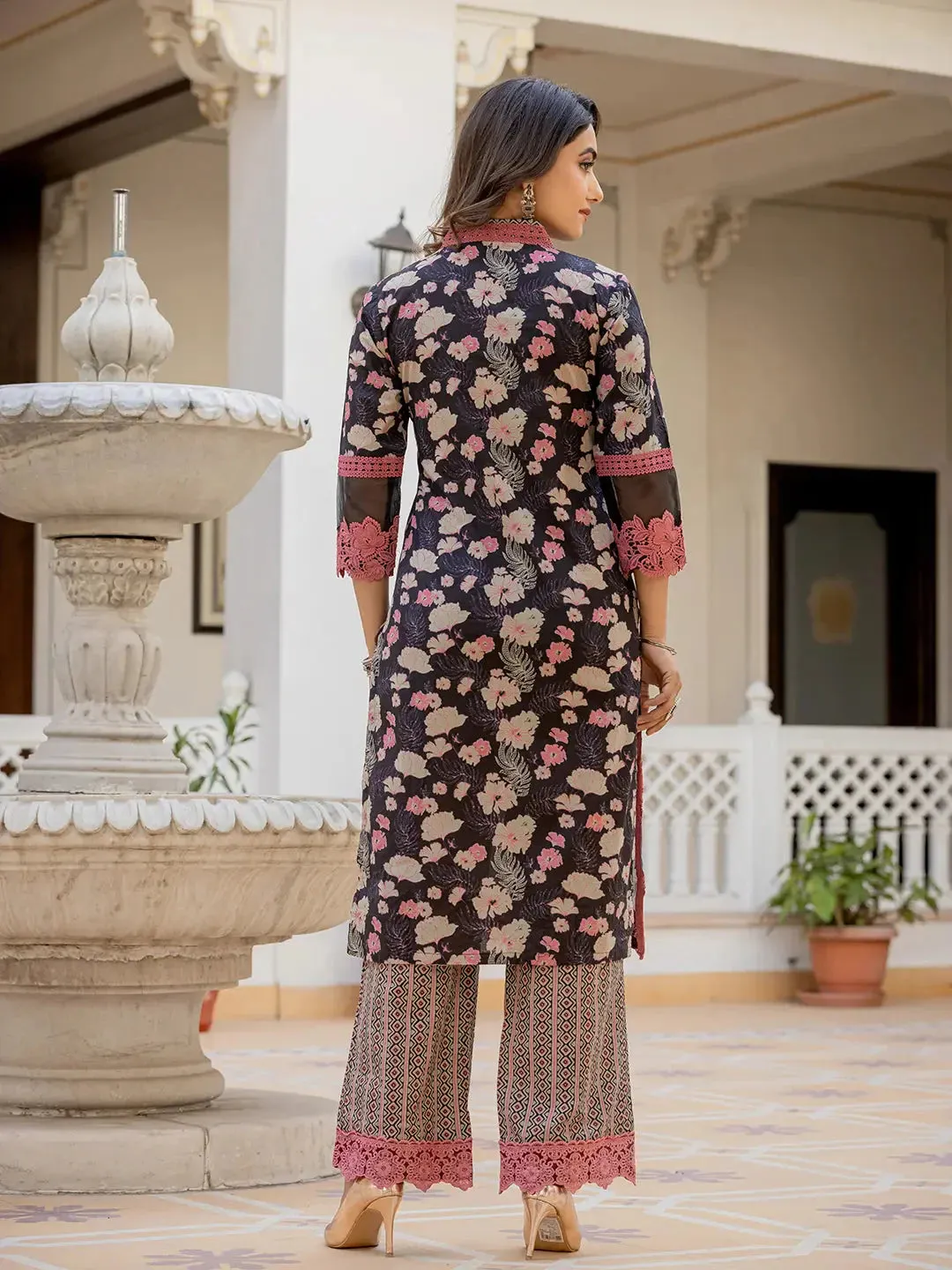 Black Floral Print Pakistani Style Kurta Trouser And Dupatta Set With Lace Work