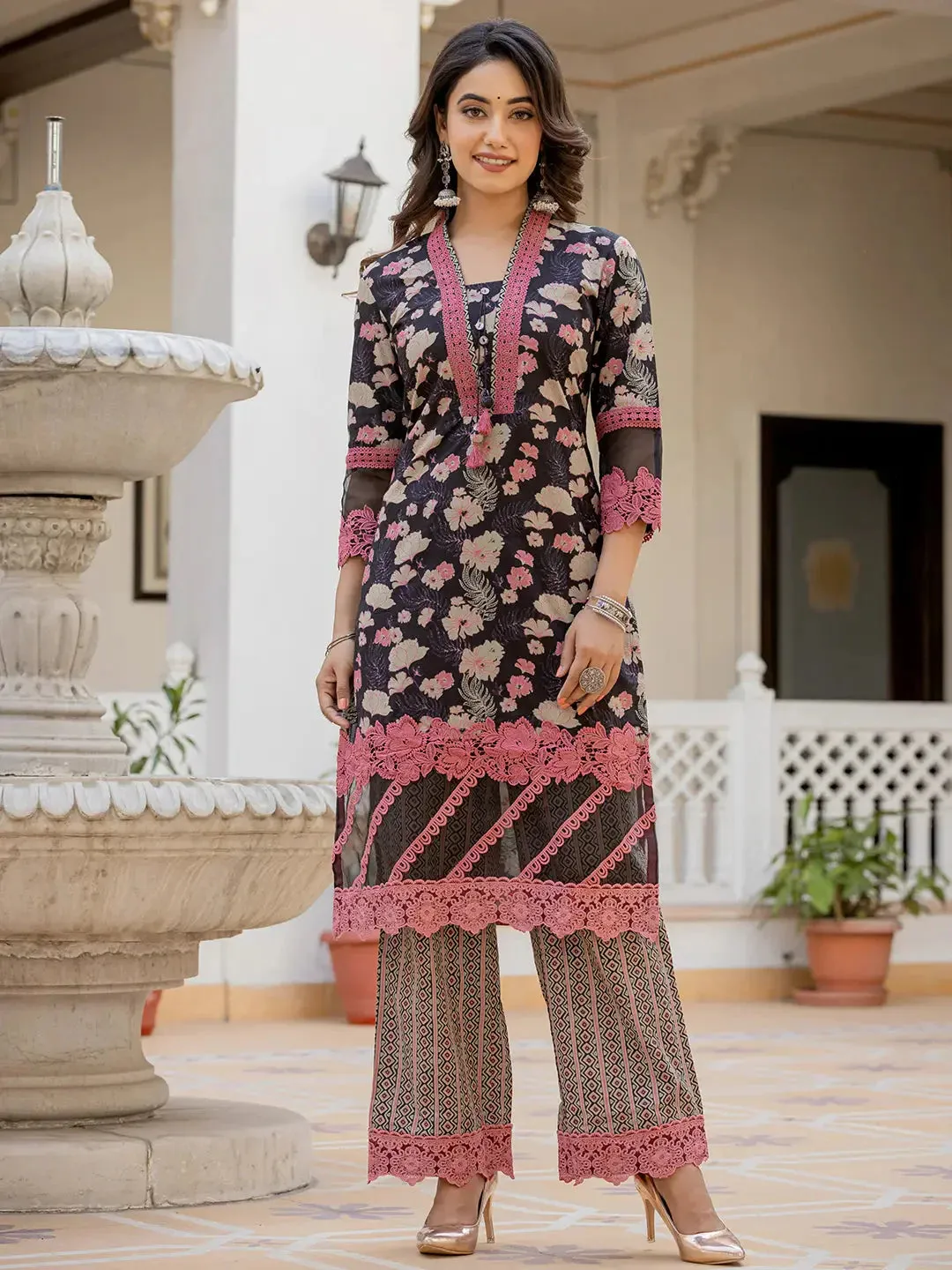 Black Floral Print Pakistani Style Kurta Trouser And Dupatta Set With Lace Work