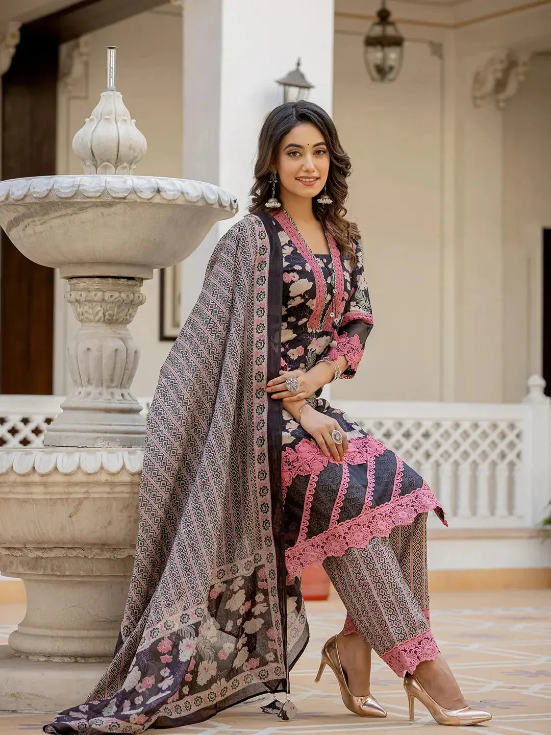 Black Floral Print Pakistani Style Kurta Trouser And Dupatta Set With Lace Work