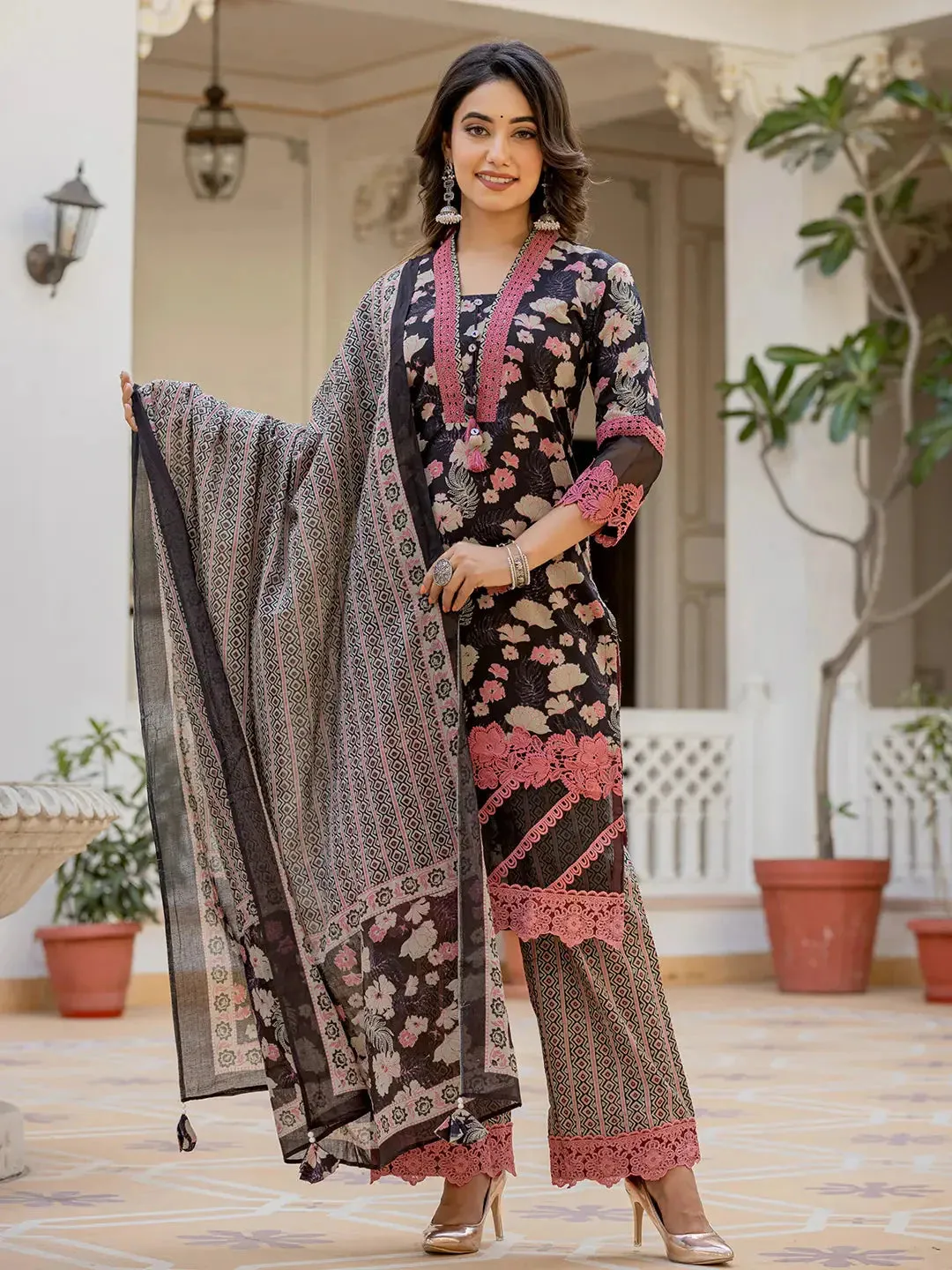 Black Floral Print Pakistani Style Kurta Trouser And Dupatta Set With Lace Work