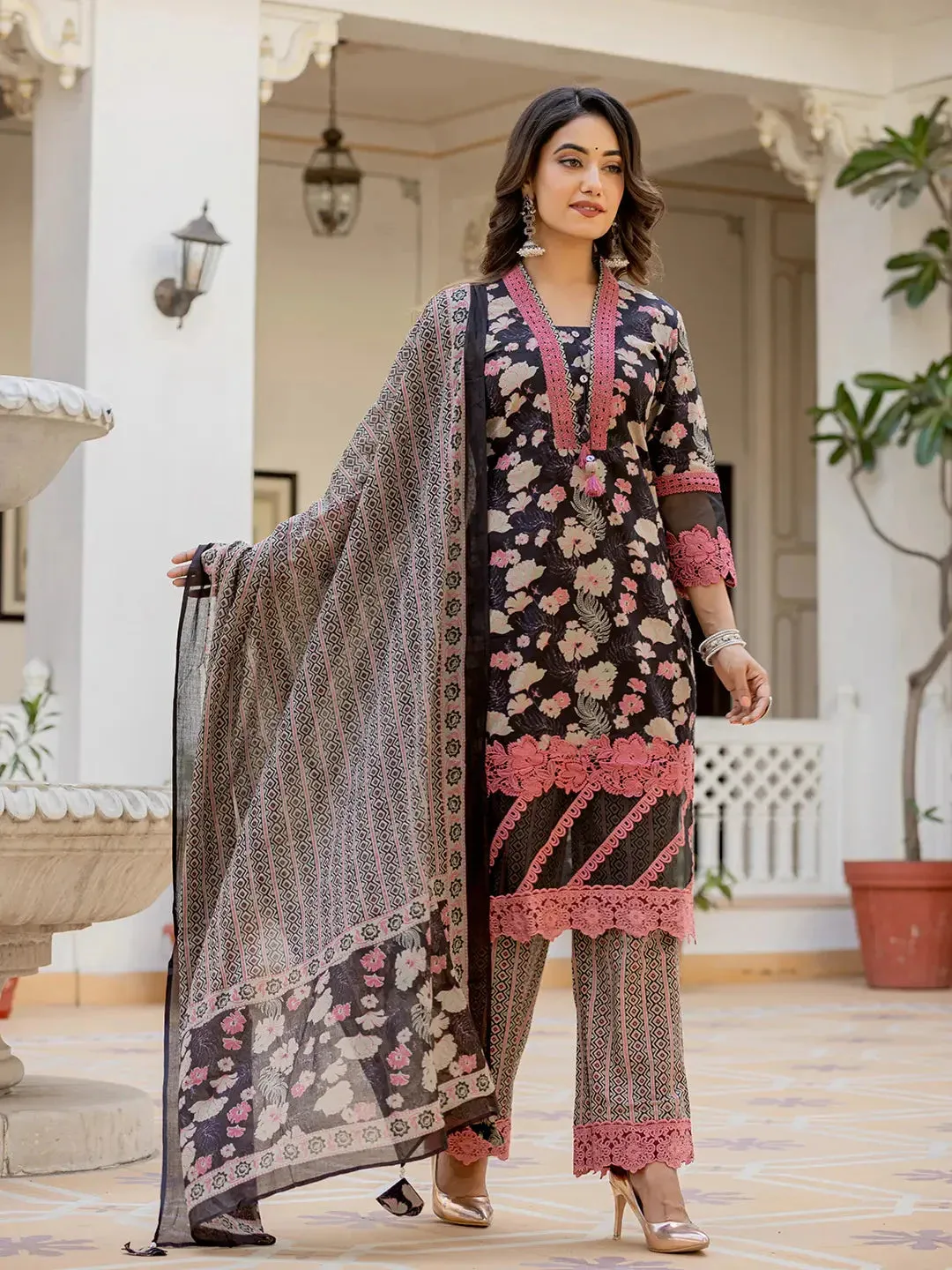 Black Floral Print Pakistani Style Kurta Trouser And Dupatta Set With Lace Work