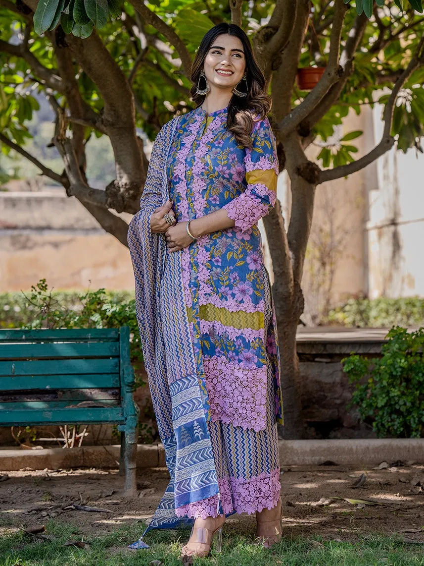 Blue And Fuchsia Floral Print Pakistani Style Kurta Trouser And Dupatta Set