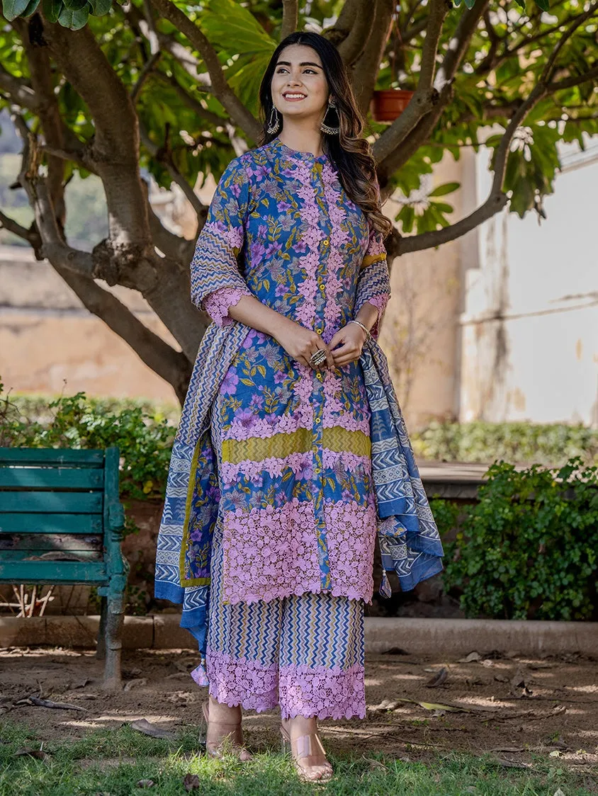 Blue And Fuchsia Floral Print Pakistani Style Kurta Trouser And Dupatta Set