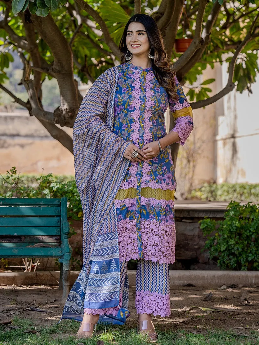 Blue And Fuchsia Floral Print Pakistani Style Kurta Trouser And Dupatta Set