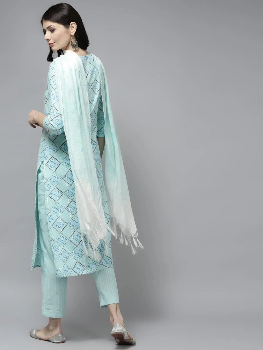 Blue Cotton Embroidered Dupatta Set