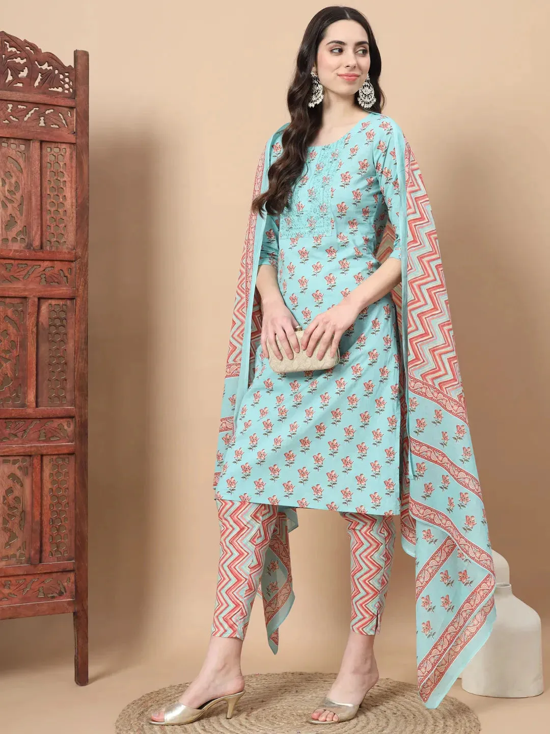 Blue Floral,Sequins_Work Straight Kurta Trouser And Dupatta Set