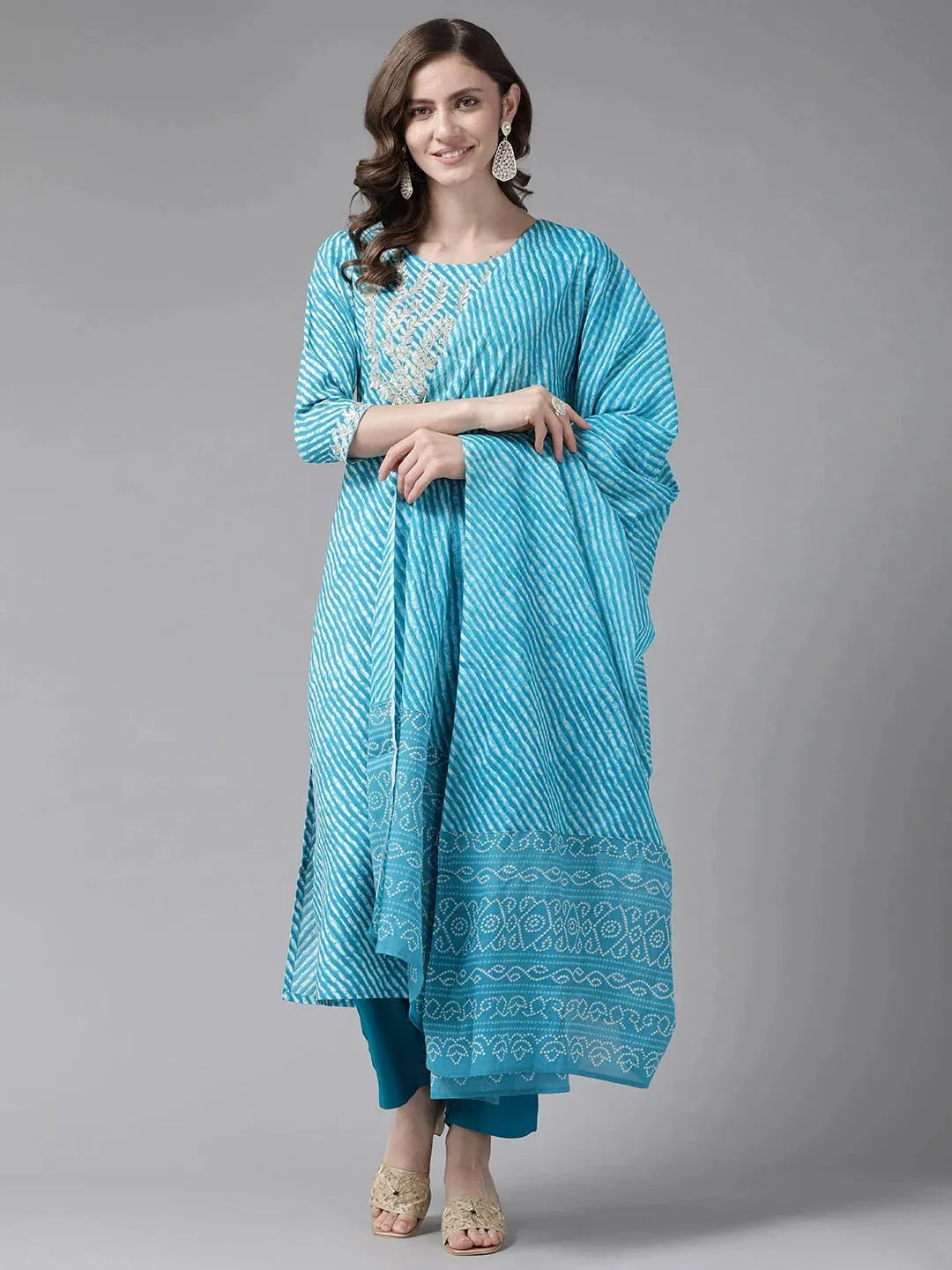 Blue Leheriya Printed Dupatta Set