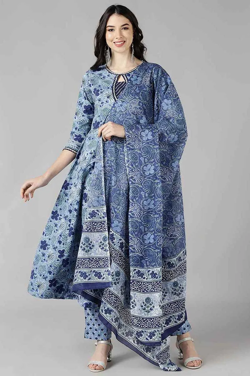 Blue Pure Cotton Anarkali Kurta Pant With Dupatta