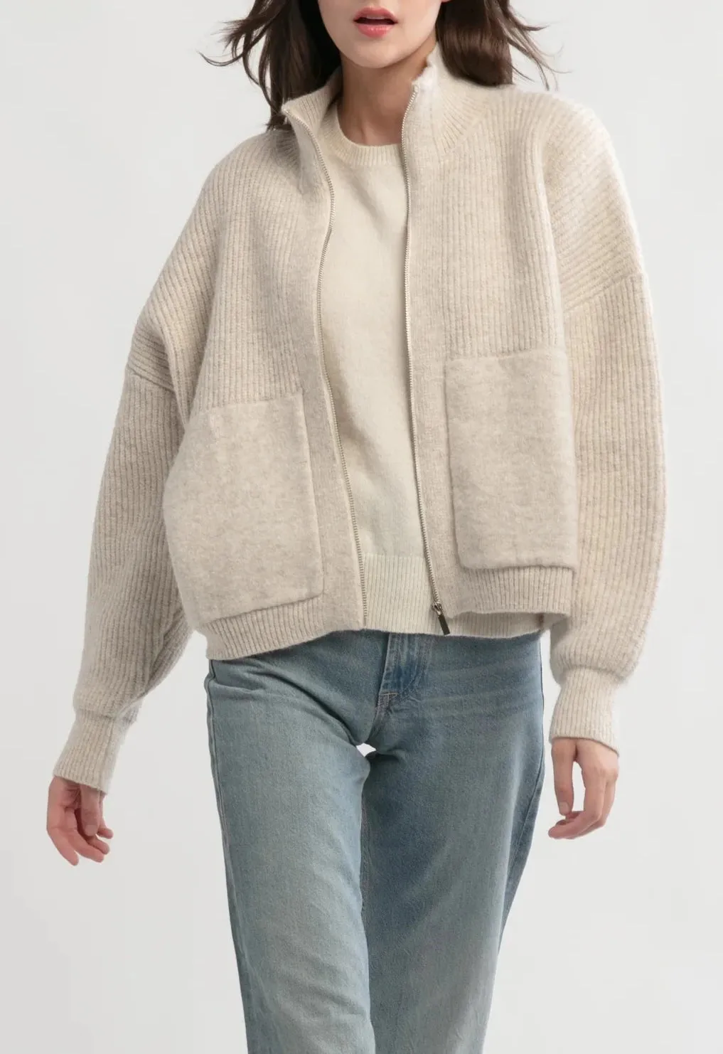 Bomber Zip Cardigan in Beige