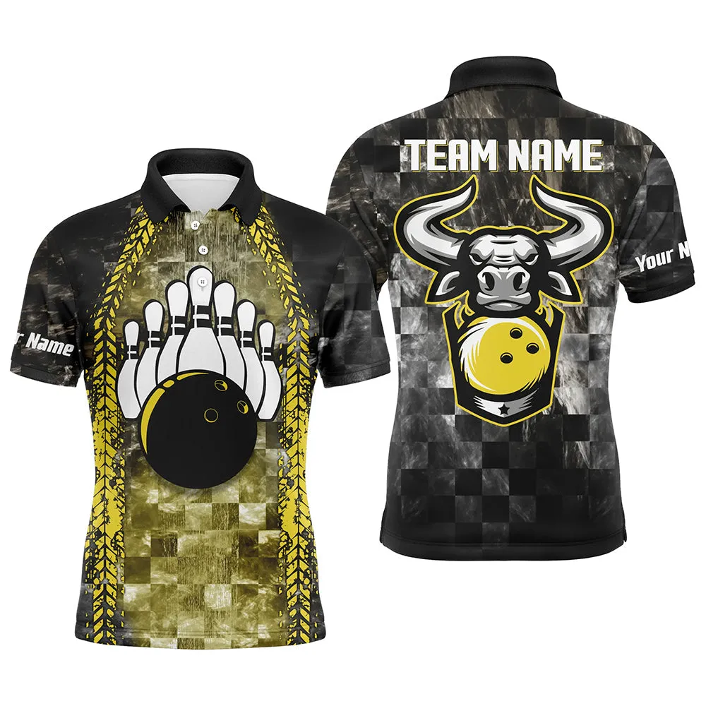 Bowling Bull Black And Yellow Mens Bowling Long Sleeve Polo Shirts Custom Bowling Ball Pins Team League Jersey