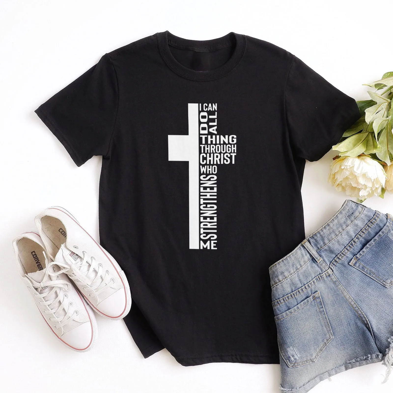 Can Do All Things Through Christ Who Strengthens Me Cross Tee Shirts For Women - Christian Shirts for Women - Religious Tee Shirts