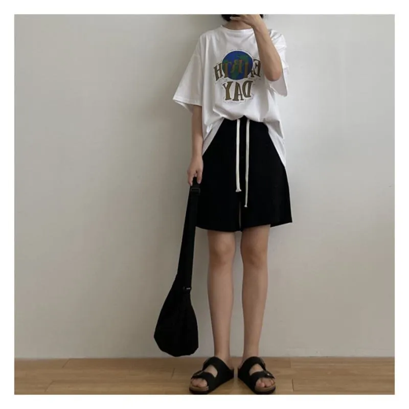 Casual Versatile Loose Fit Sports Chic Drawstring Wide-Leg High-Waisted Shorts