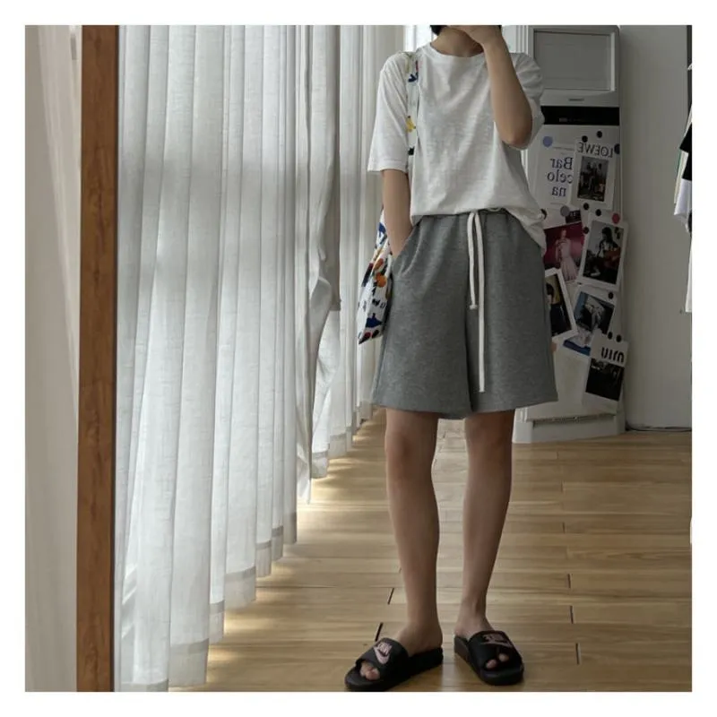 Casual Versatile Loose Fit Sports Chic Drawstring Wide-Leg High-Waisted Shorts