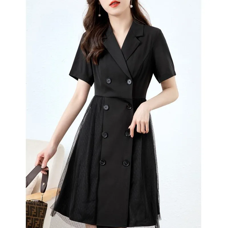 Collar Silky Luster Double-Breasted Patchwork Button Dress