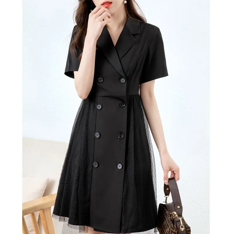 Collar Silky Luster Double-Breasted Patchwork Button Dress