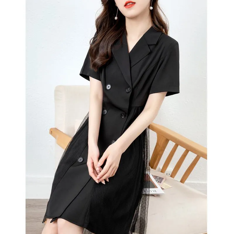 Collar Silky Luster Double-Breasted Patchwork Button Dress