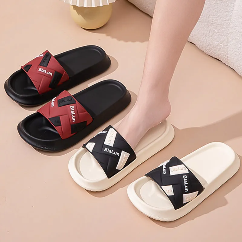 Color-block Letter Slippers For Women Men Fashion Summer New House Shoes Couple Thick-soled Non-slip Home Slippers