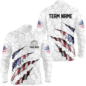 Custom Patriotic Long Sleeve Bowling Shirts For Men, American Flag Usa Bowling League Shirts