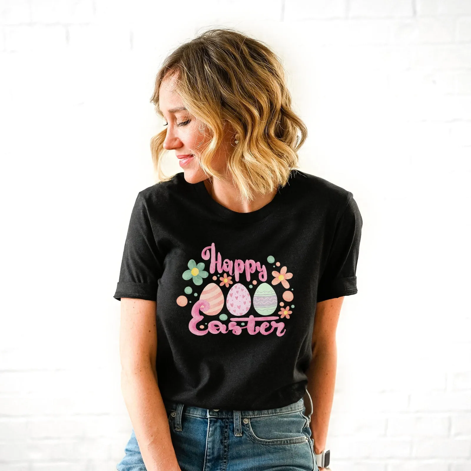 Cute Pink Happy Easter Tee Shirts For Women - Christian Easter T Shirts