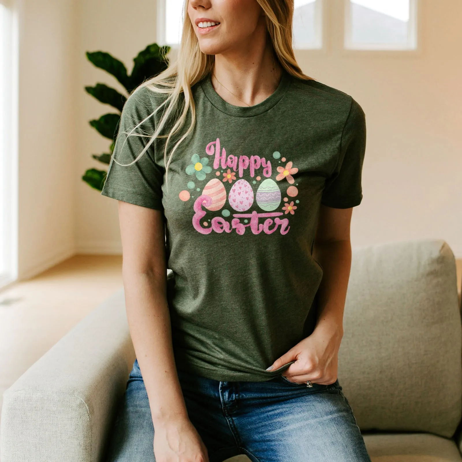 Cute Pink Happy Easter Tee Shirts For Women - Christian Easter T Shirts