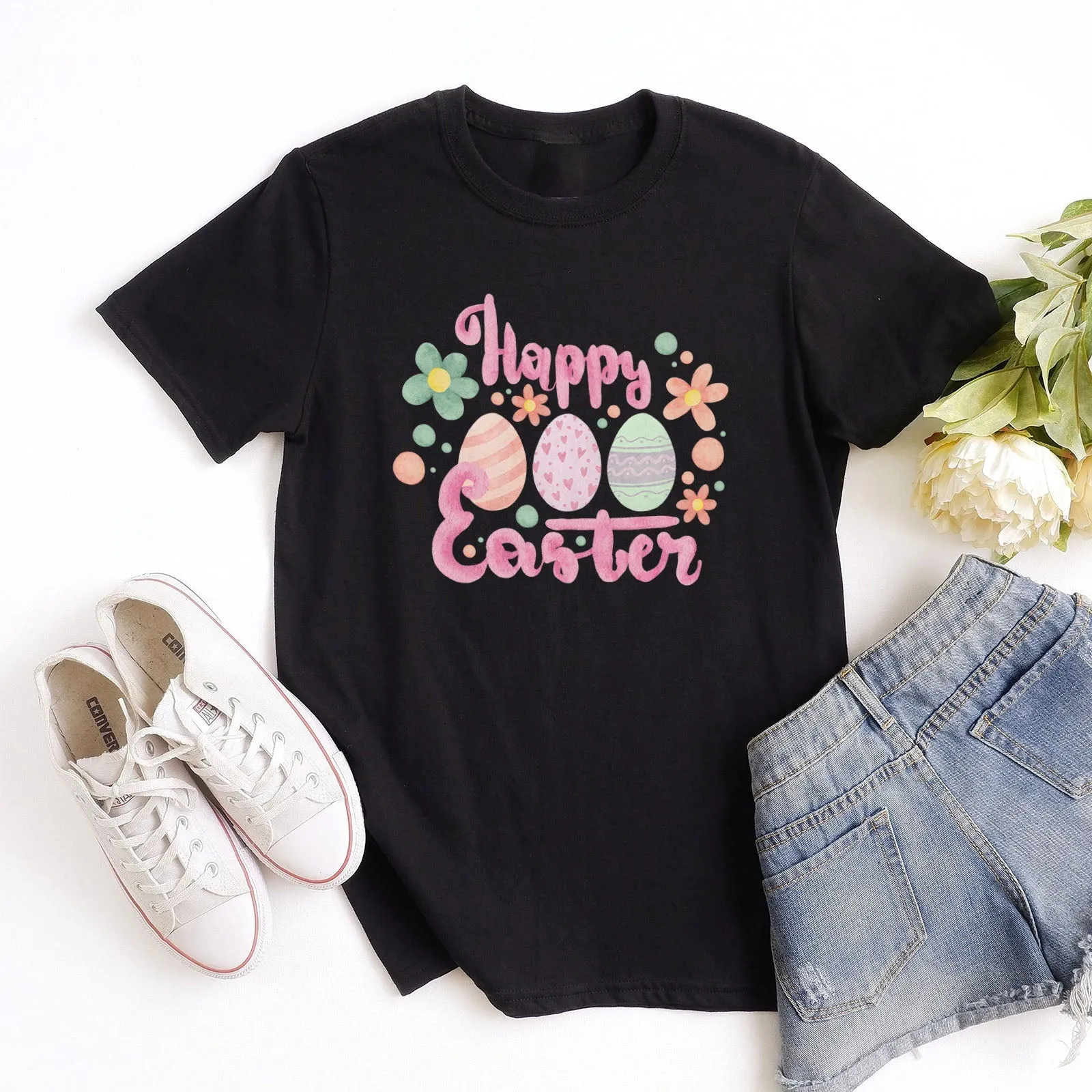 Cute Pink Happy Easter Tee Shirts For Women - Christian Easter T Shirts