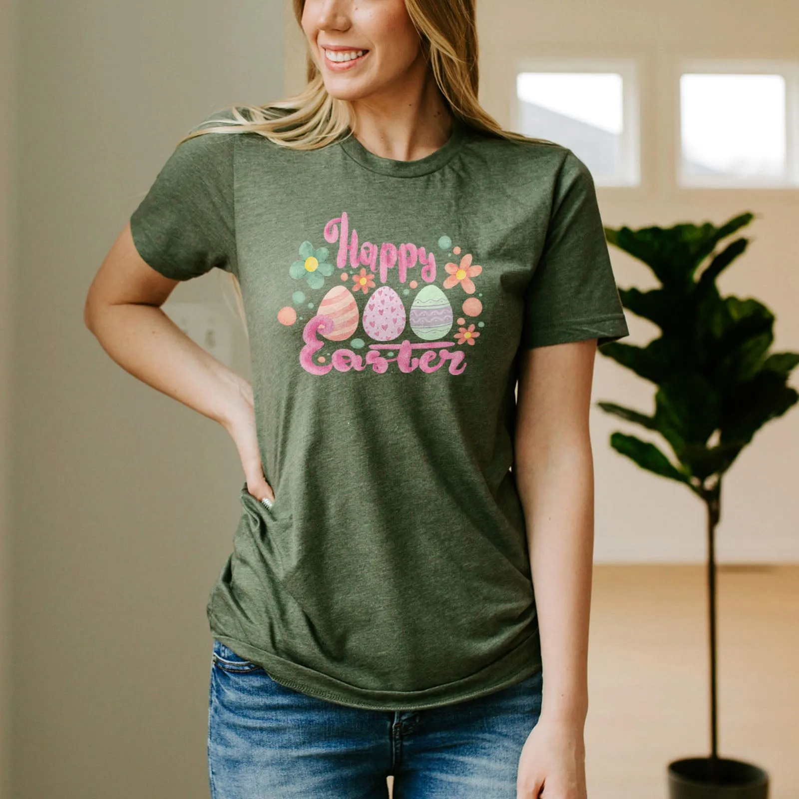 Cute Pink Happy Easter Tee Shirts For Women - Christian Easter T Shirts