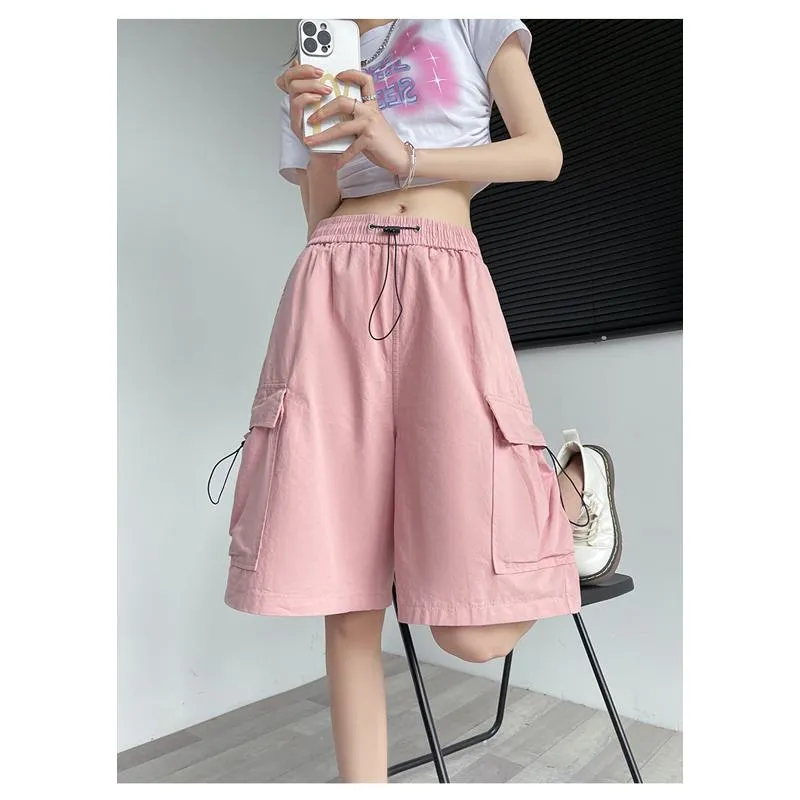 Drawstring Waist Casual Loose Fit Street Style Wide-Leg High-Waisted Slimming Shorts