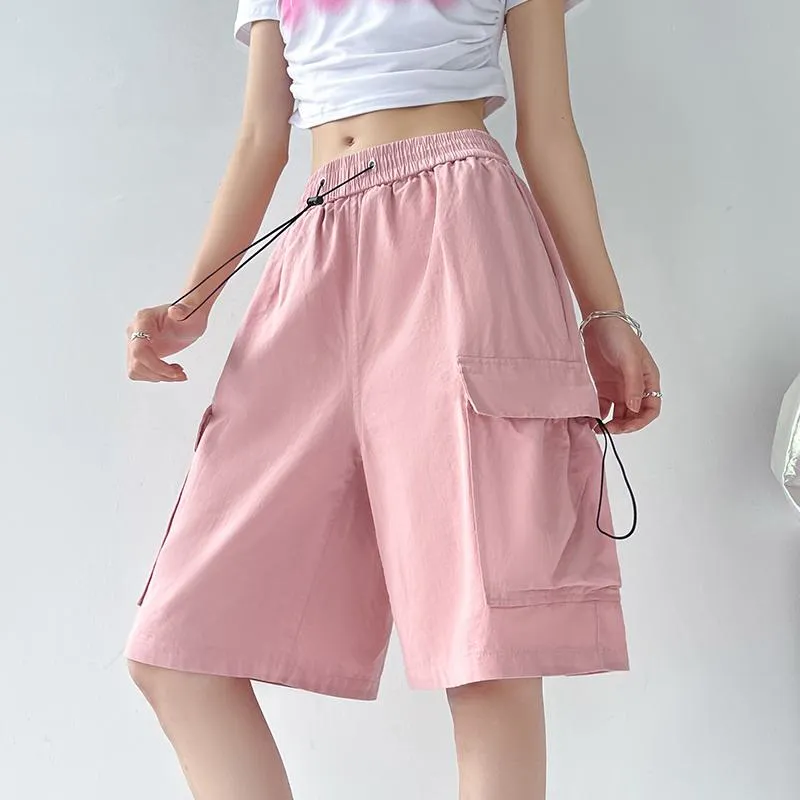 Drawstring Waist Casual Loose Fit Street Style Wide-Leg High-Waisted Slimming Shorts