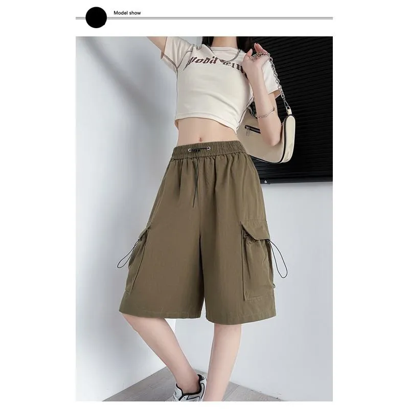 Drawstring Waist Casual Loose Fit Street Style Wide-Leg High-Waisted Slimming Shorts