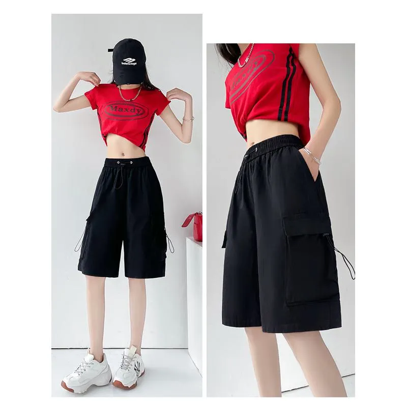 Drawstring Waist Casual Loose Fit Street Style Wide-Leg High-Waisted Slimming Shorts