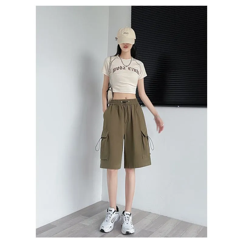 Drawstring Waist Casual Loose Fit Street Style Wide-Leg High-Waisted Slimming Shorts