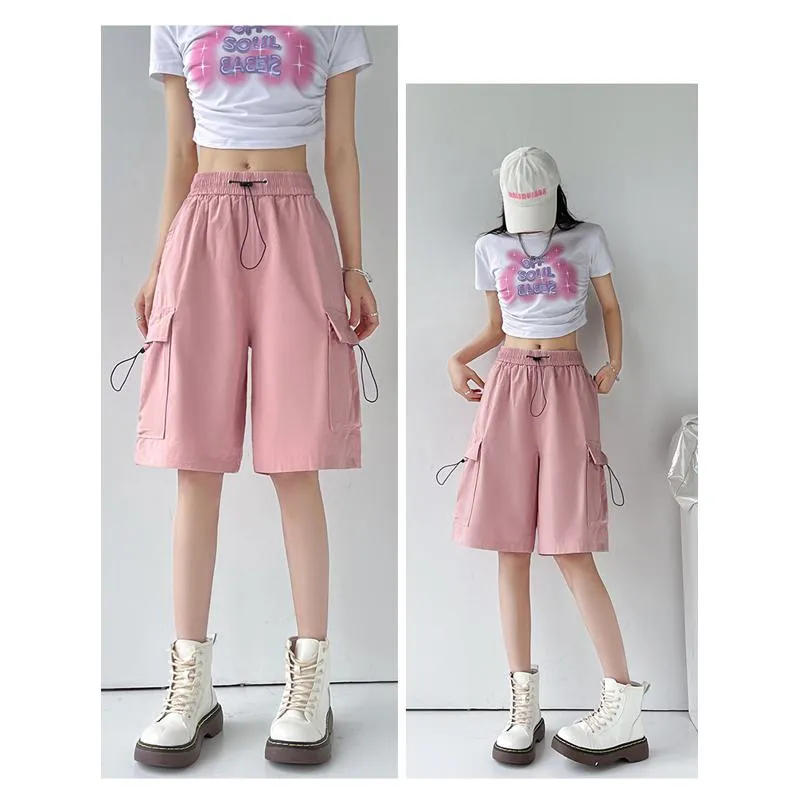 Drawstring Waist Casual Loose Fit Street Style Wide-Leg High-Waisted Slimming Shorts