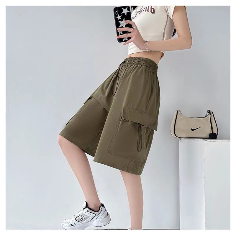 Drawstring Waist Casual Loose Fit Street Style Wide-Leg High-Waisted Slimming Shorts