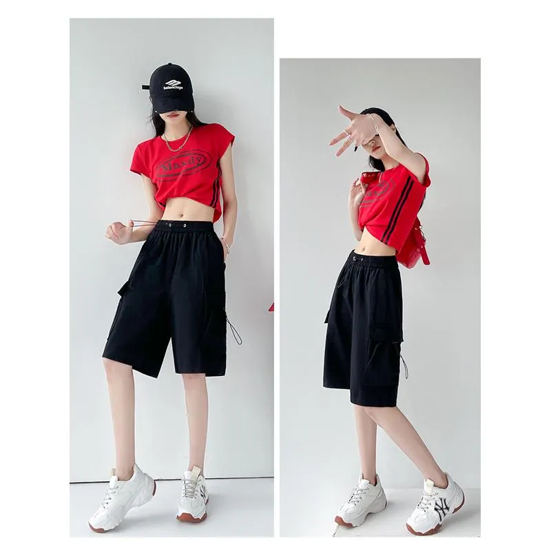 Drawstring Waist Casual Loose Fit Street Style Wide-Leg High-Waisted Slimming Shorts