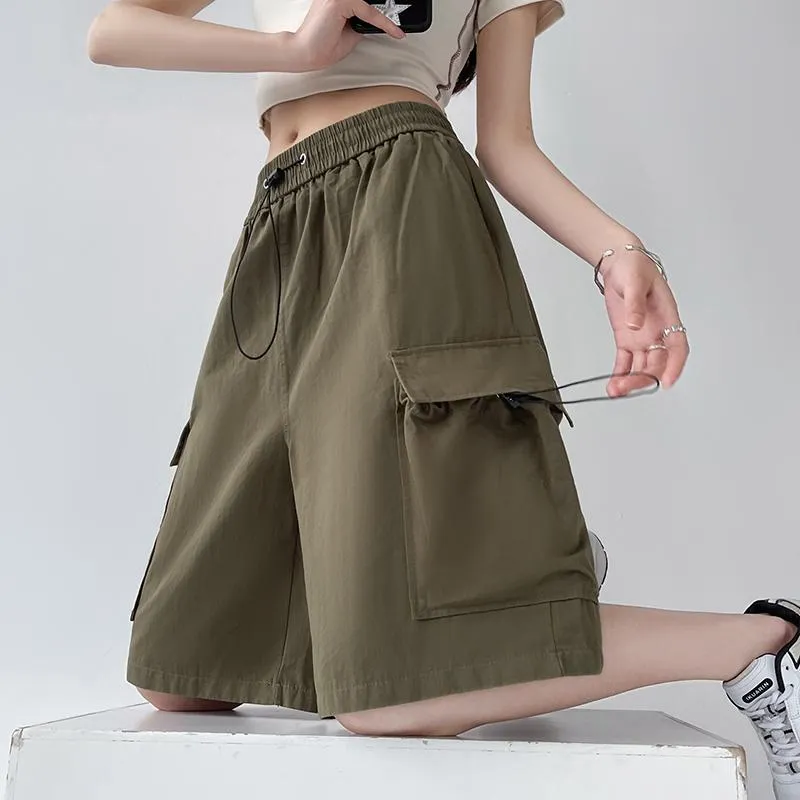 Drawstring Waist Casual Loose Fit Street Style Wide-Leg High-Waisted Slimming Shorts