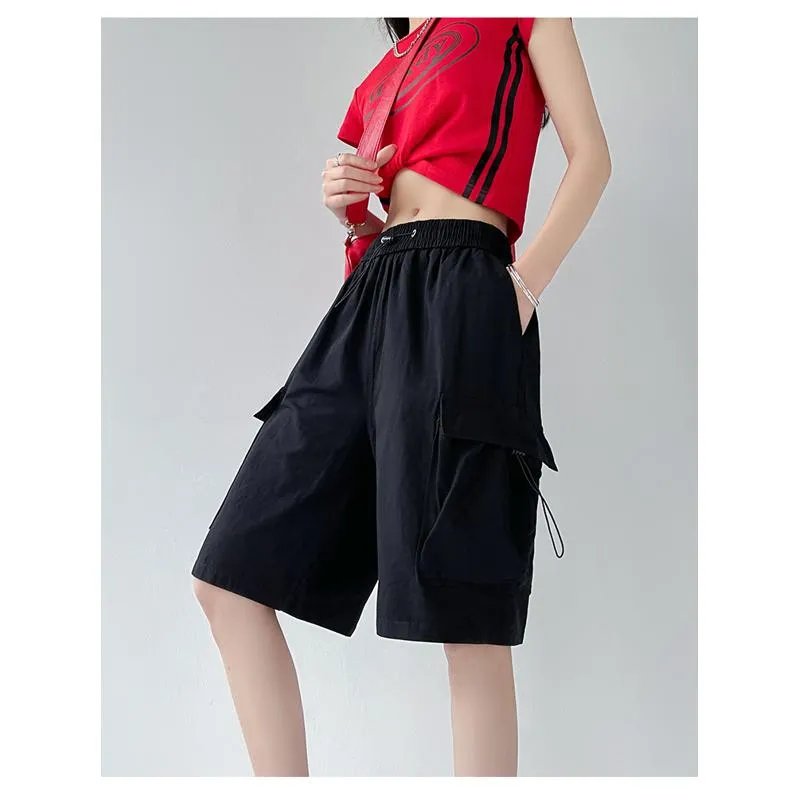 Drawstring Waist Casual Loose Fit Street Style Wide-Leg High-Waisted Slimming Shorts