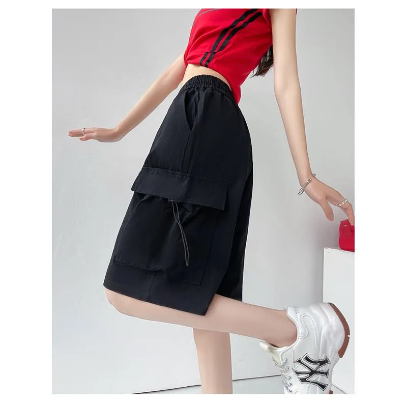 Drawstring Waist Casual Loose Fit Street Style Wide-Leg High-Waisted Slimming Shorts