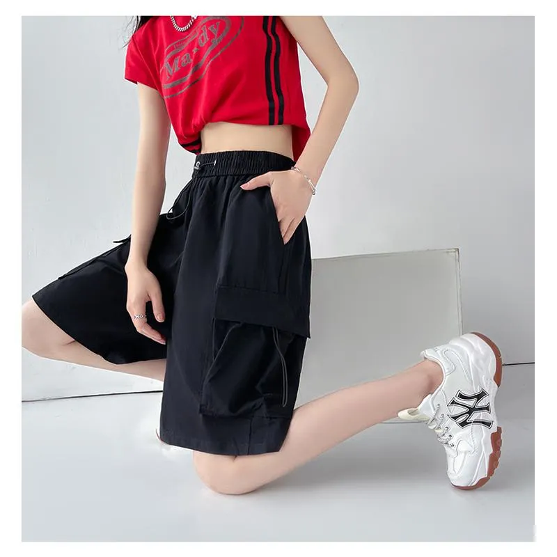 Drawstring Waist Casual Loose Fit Street Style Wide-Leg High-Waisted Slimming Shorts