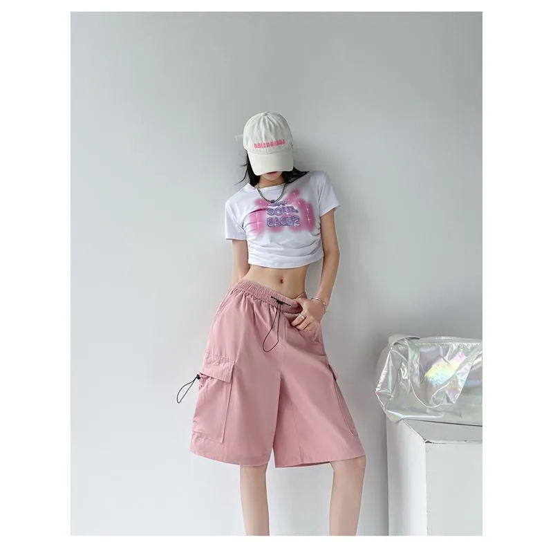 Drawstring Waist Casual Loose Fit Street Style Wide-Leg High-Waisted Slimming Shorts