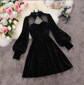 Elegant Sequins Velvet Mesh Long Sleeve Party Dress     S542