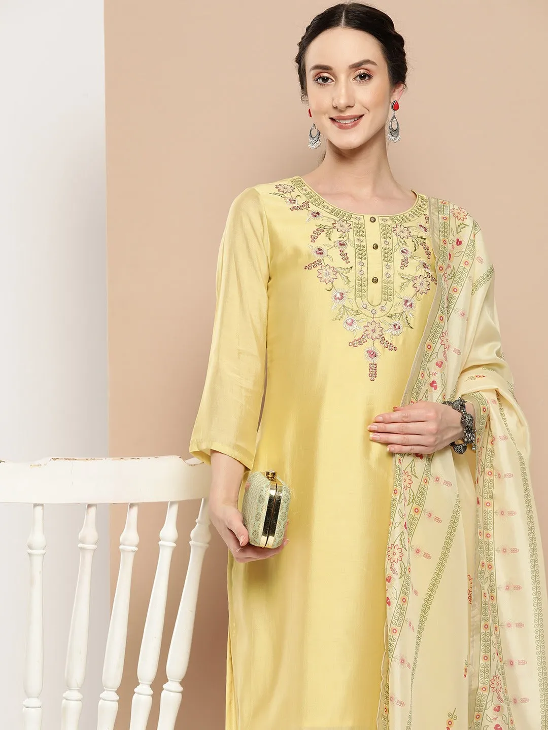 Embroidered Chikankari Silk Kurta Dupatta Set