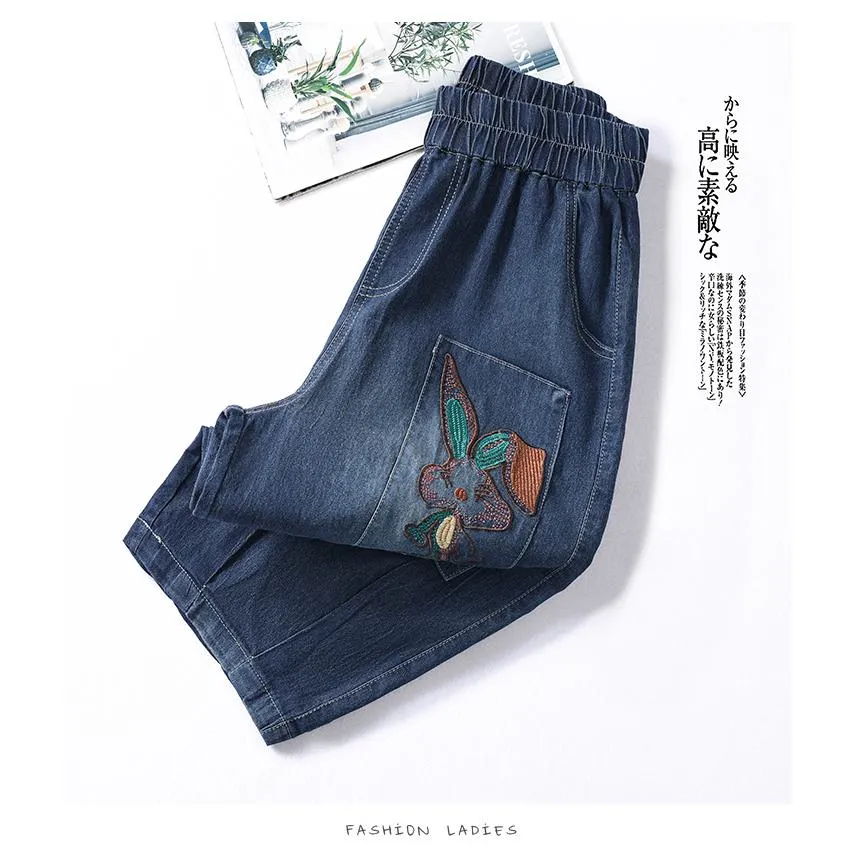 Embroidery Slimming Loose Fit Wide Leg Capri Jeans