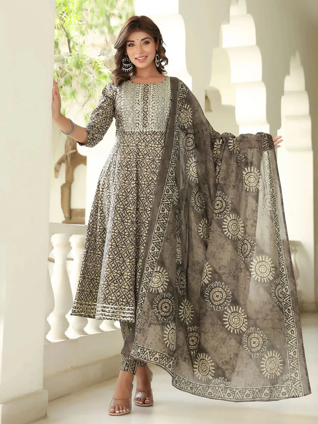 Ethnic Motifs Printed Sequined Pure Cotton Kurta With Trousers & Dupatta