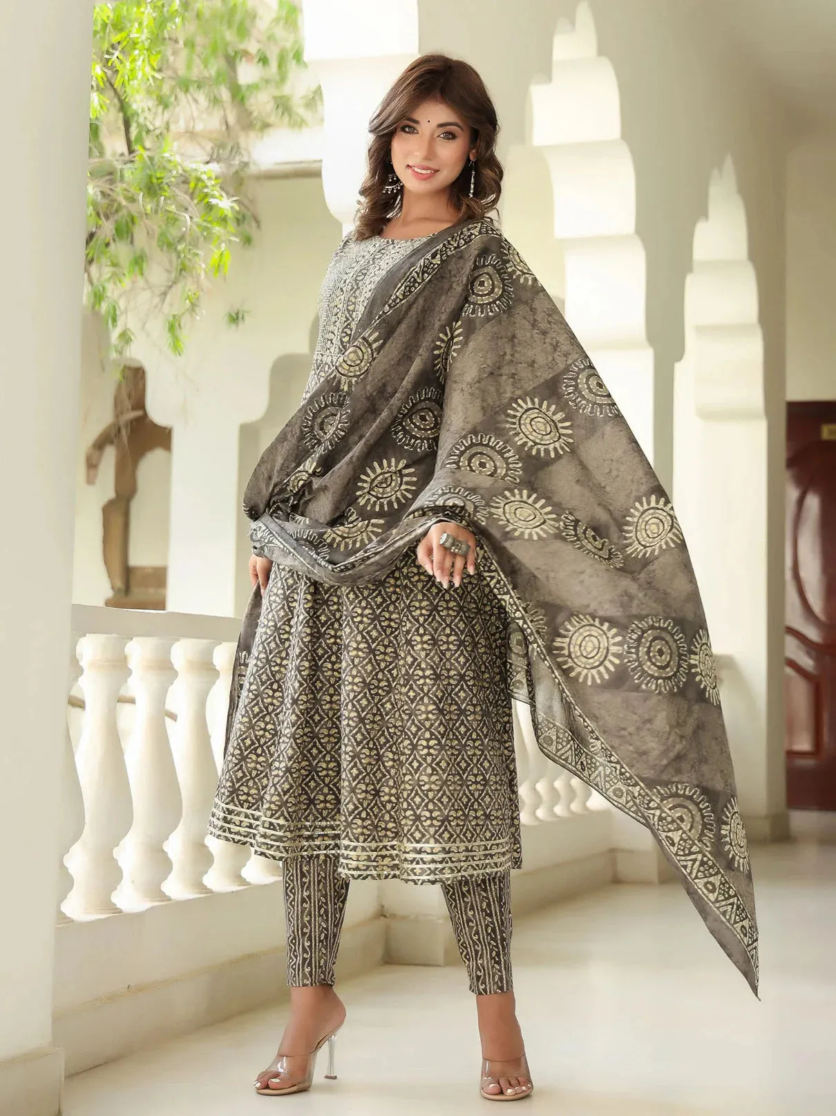 Ethnic Motifs Printed Sequined Pure Cotton Kurta With Trousers & Dupatta