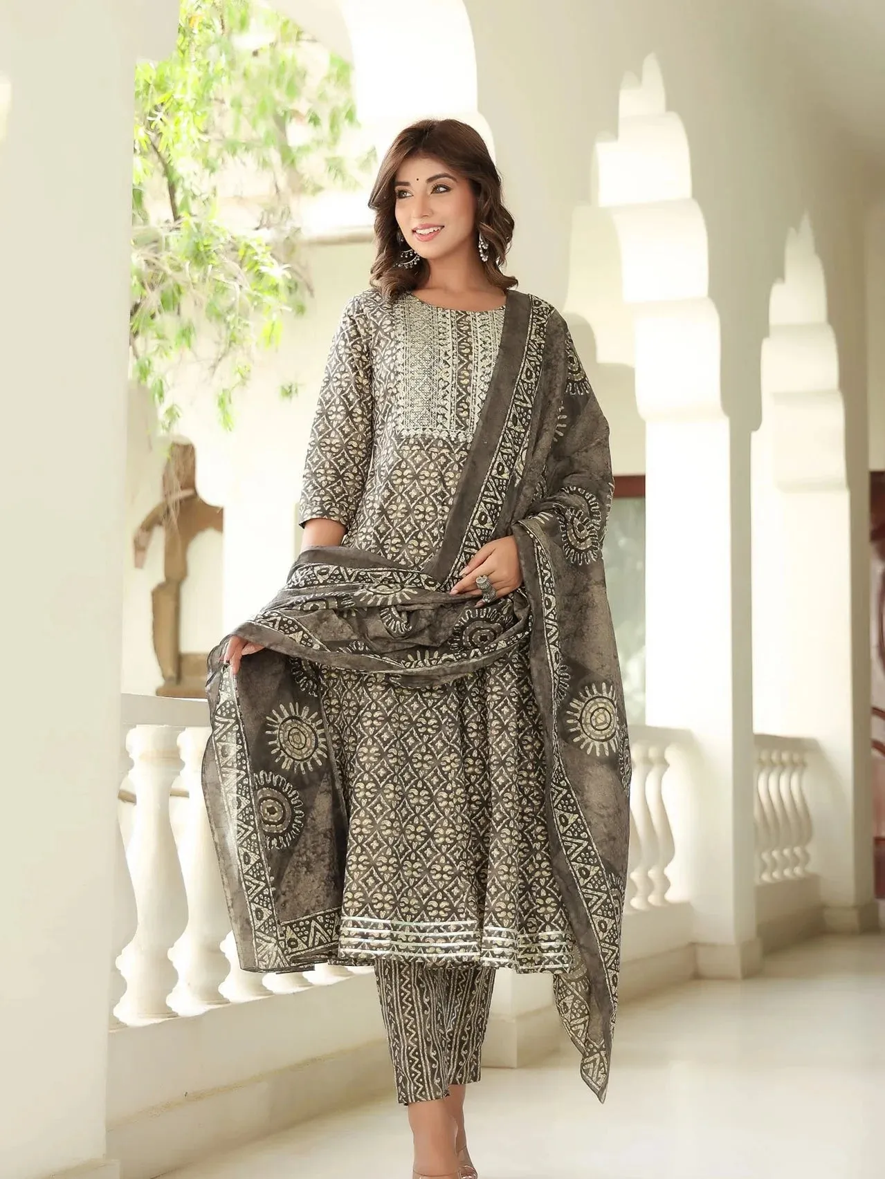 Ethnic Motifs Printed Sequined Pure Cotton Kurta With Trousers & Dupatta