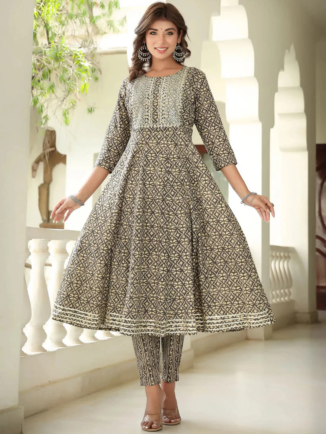 Ethnic Motifs Printed Sequined Pure Cotton Kurta With Trousers & Dupatta