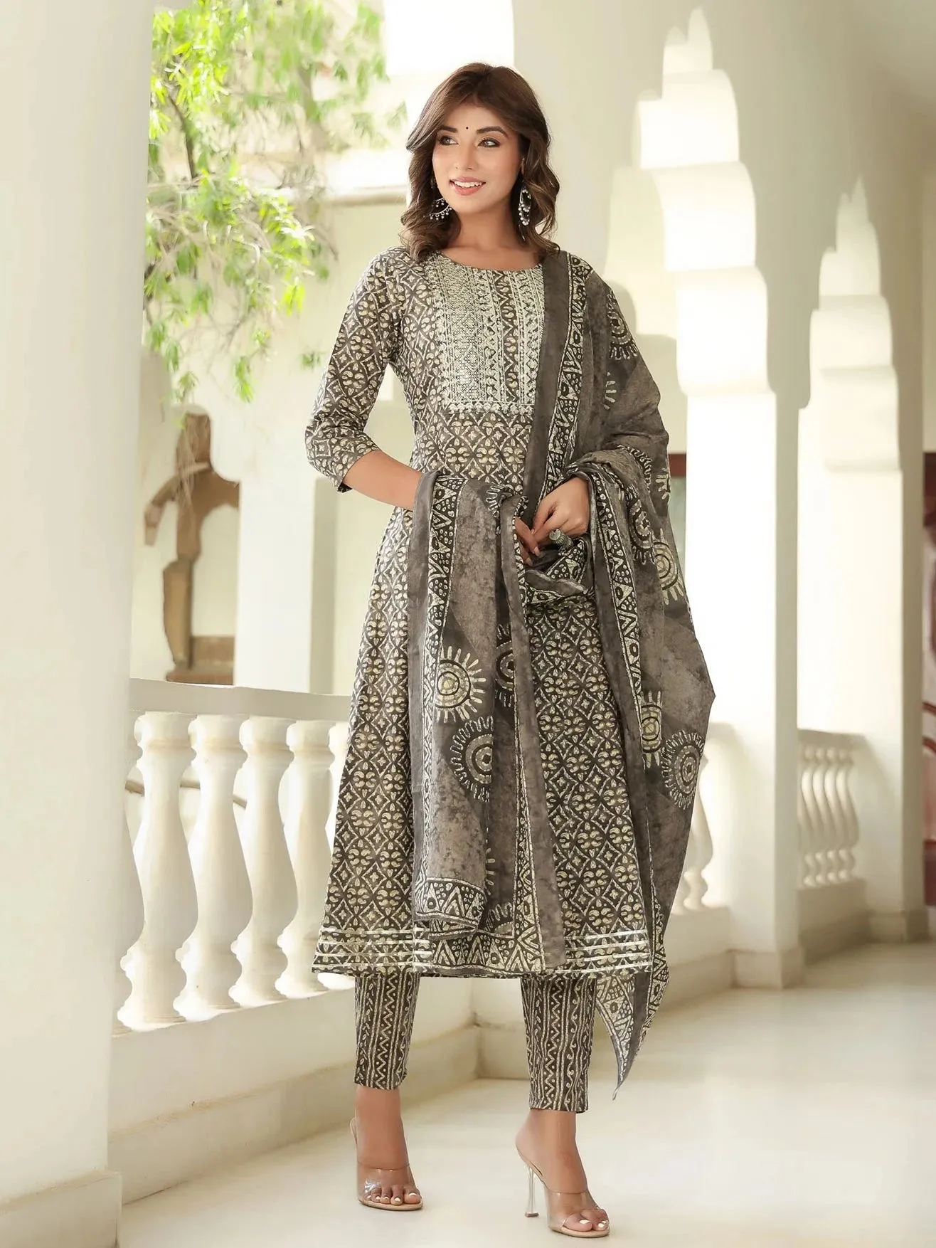 Ethnic Motifs Printed Sequined Pure Cotton Kurta With Trousers & Dupatta