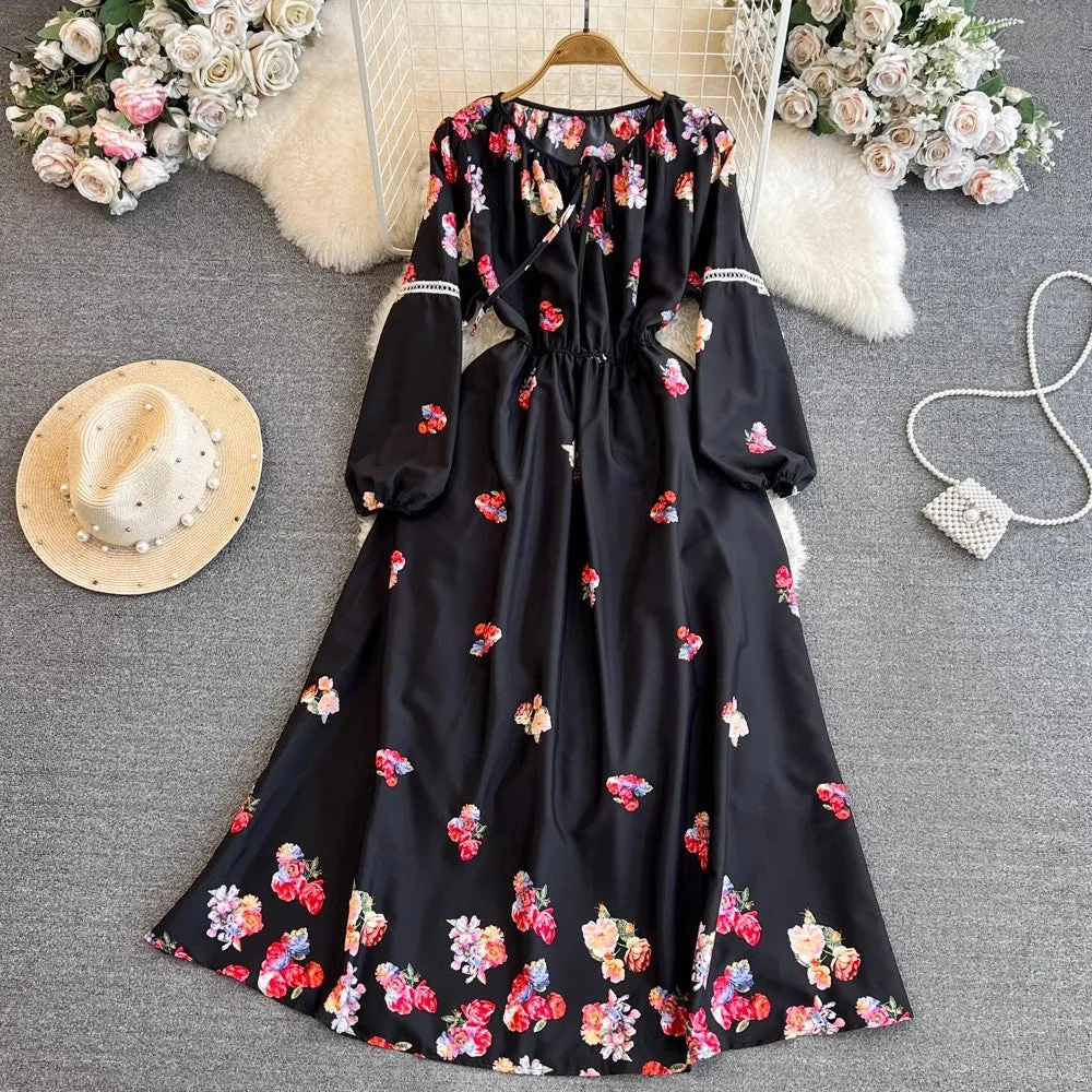 Fashionabal long-sleeved round neck A-line printed dress elegant long skirt     S4252